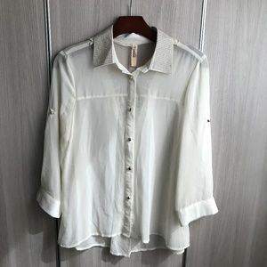 White sheer blouse with silver covered collar